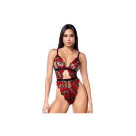 Teddy taille haute en résille noire brodée de roses avec ceinture